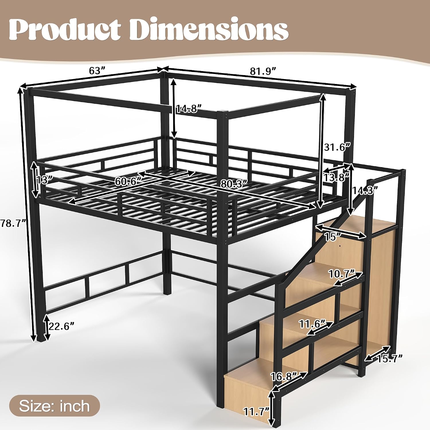 Canopy Bed Frame Metal Queen - Łóżko piętrowe Queen z schodami i