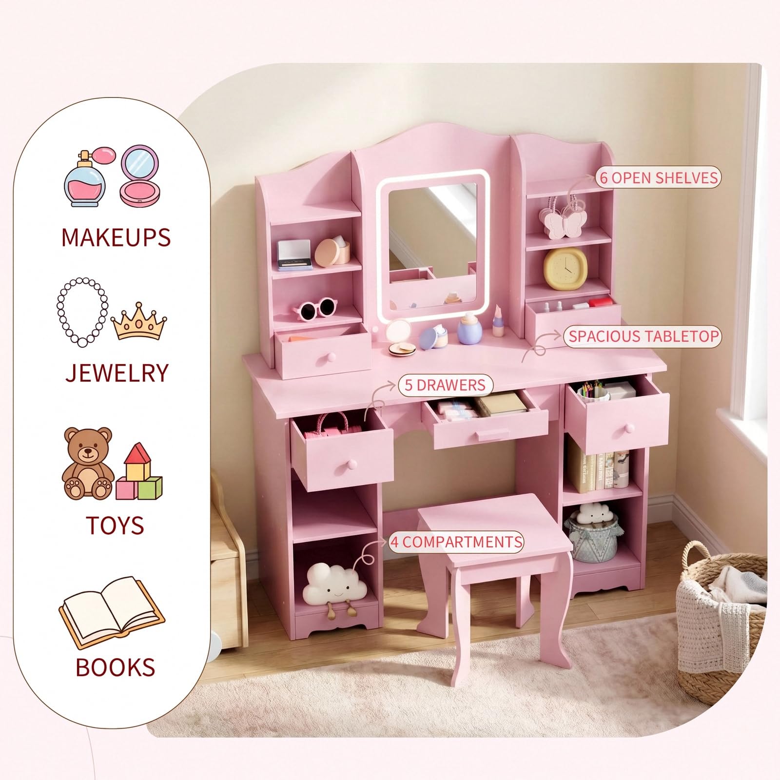 Toaletka dla dzieci z 3-koloro – Dressing Table Vanity With Lighted Mirror recenzja i cena